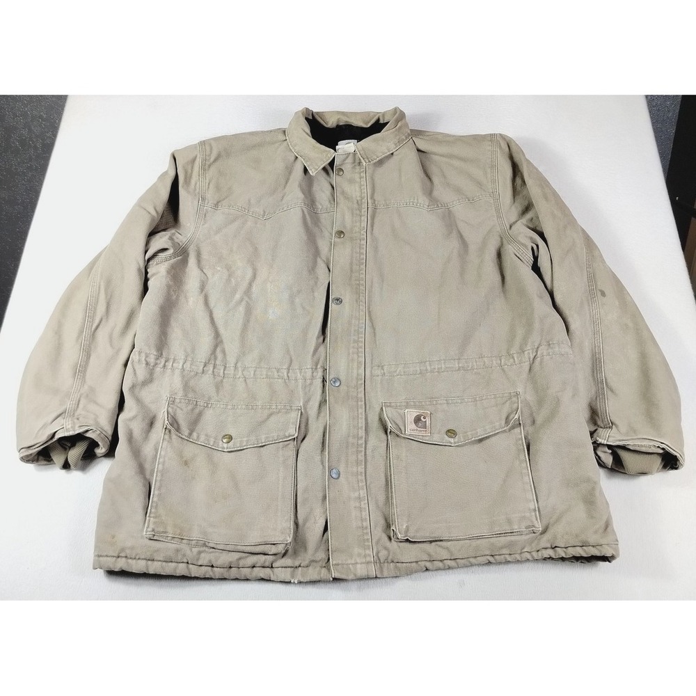 Vintage Carhartt Coat Mens 2XL Beige Canvas Quilted Workwear Distressed Thrashed